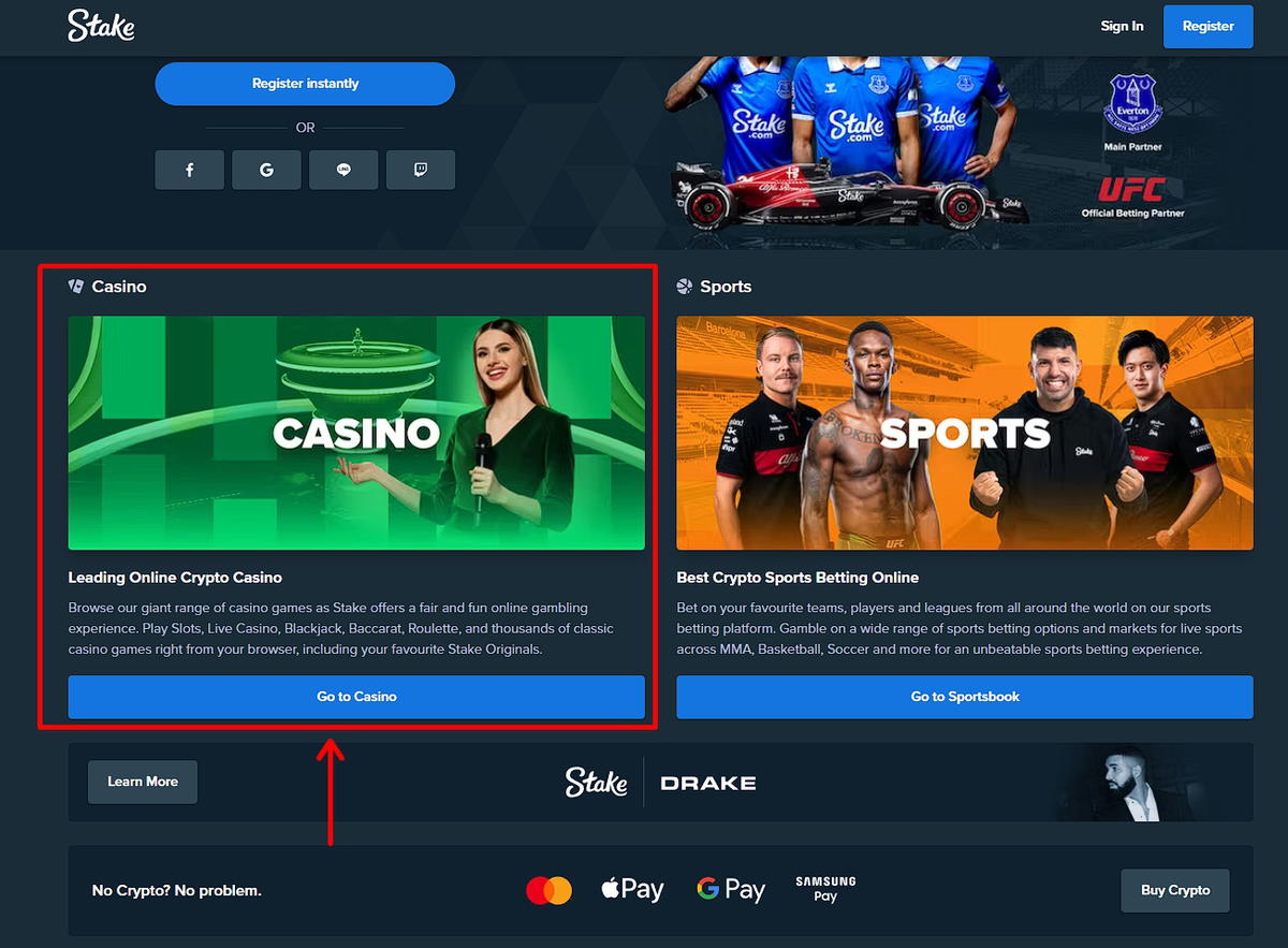 Casino section of the site web Stake