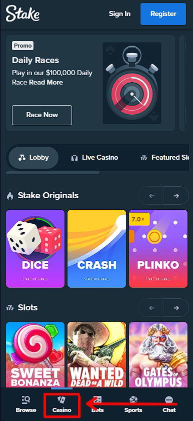 Casino section mobile version