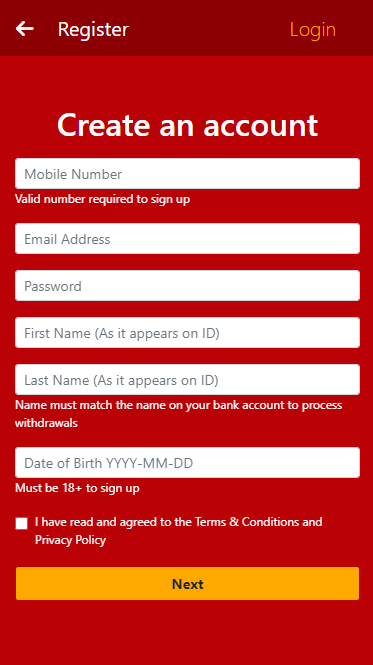 Registration form MonieBet