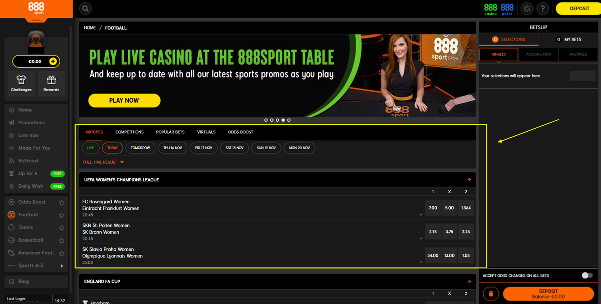 The central part of the 888sport website