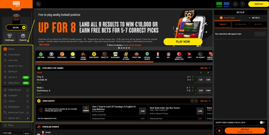 Side menu of the 888sport website