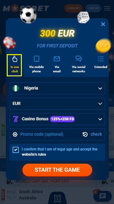 Registration at Mostbet in one click