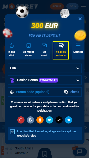 Registering for Mostbet via social networks