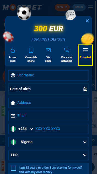 Advanced registration at Mostbet