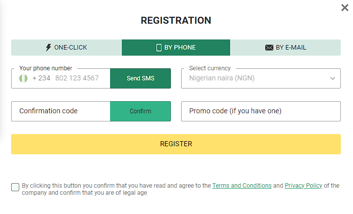 Registration by phone Betwinner