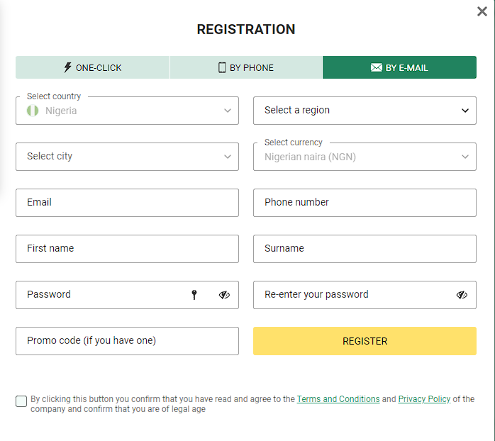 Registration by e-mail Betwinner