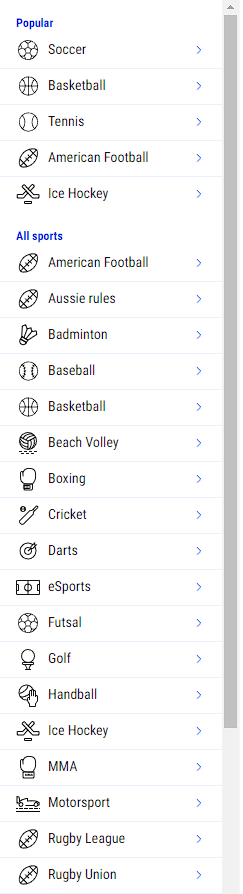 List of available sports