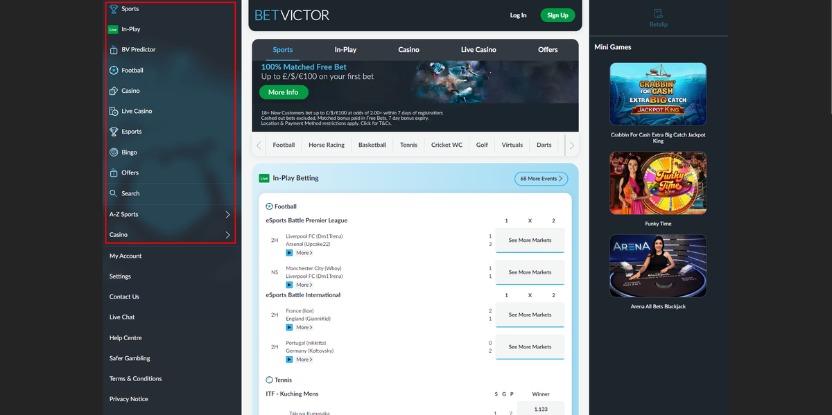 BetVictor left menu: sports and casino