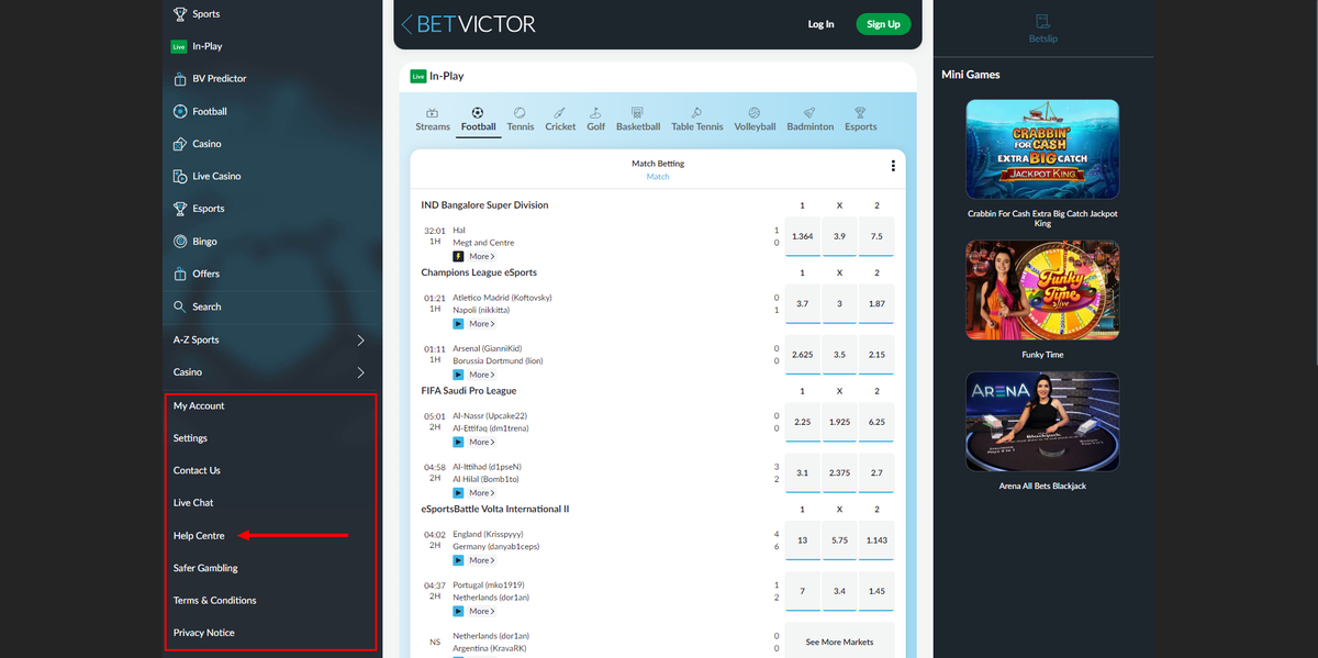 BetVictor left menu: supporting information