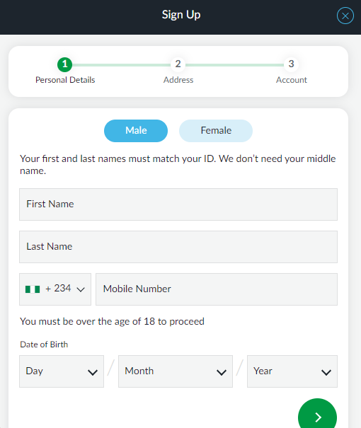 The first step of registration at BetVictor