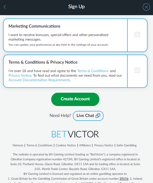 The third step of registration at BetVictor