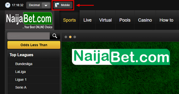 Mobile version of NaijaBet website