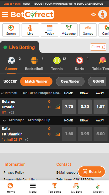 Mobile version of BetCorrect web portal