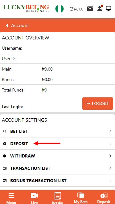 "Deposit" tab LuckyBet