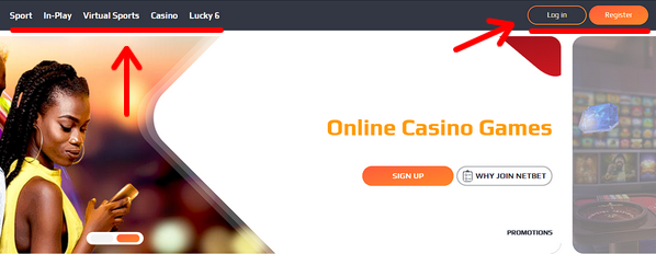 betting sections and login and registration buttons