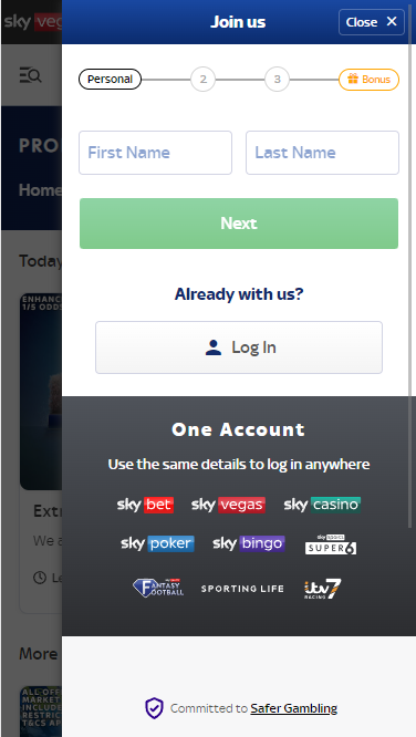 The first step in registering with Sky Bet.