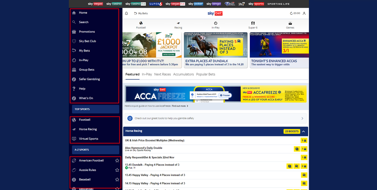 Sky Bet website side menu