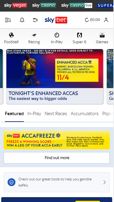 Sky Bet mobile version