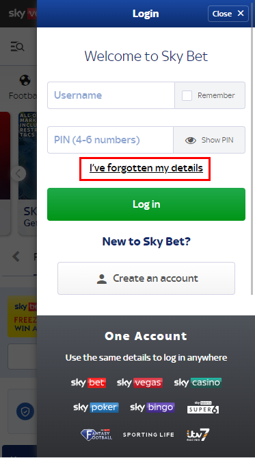 Name and password recovery Sky Bet