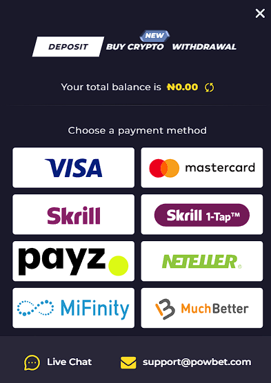 Payment methods Powbet