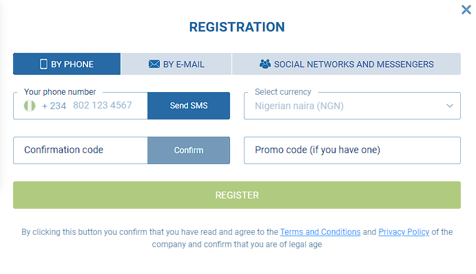 Registration by phone 1xbet