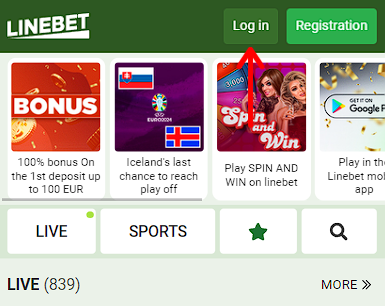 Log in button on the wibsite Linebet