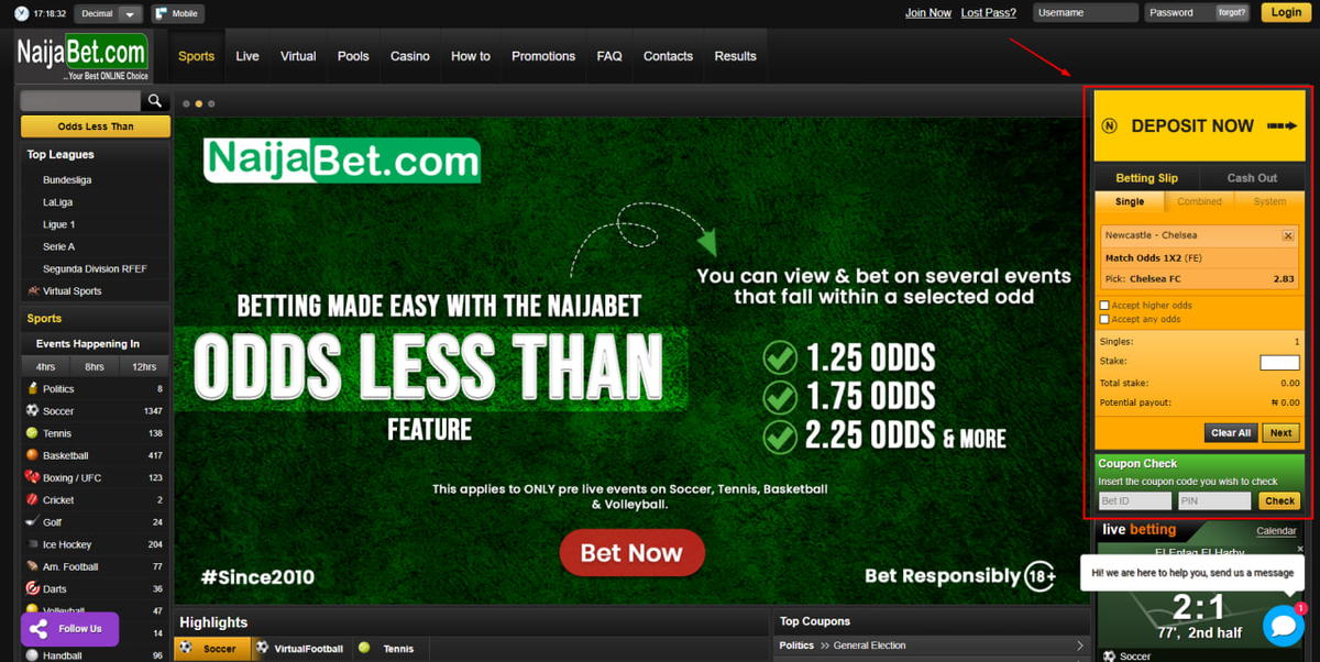 Betting coupon on NaijaBet website