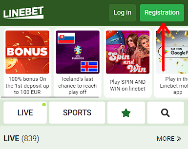 Registration button on the wibsite Linebet