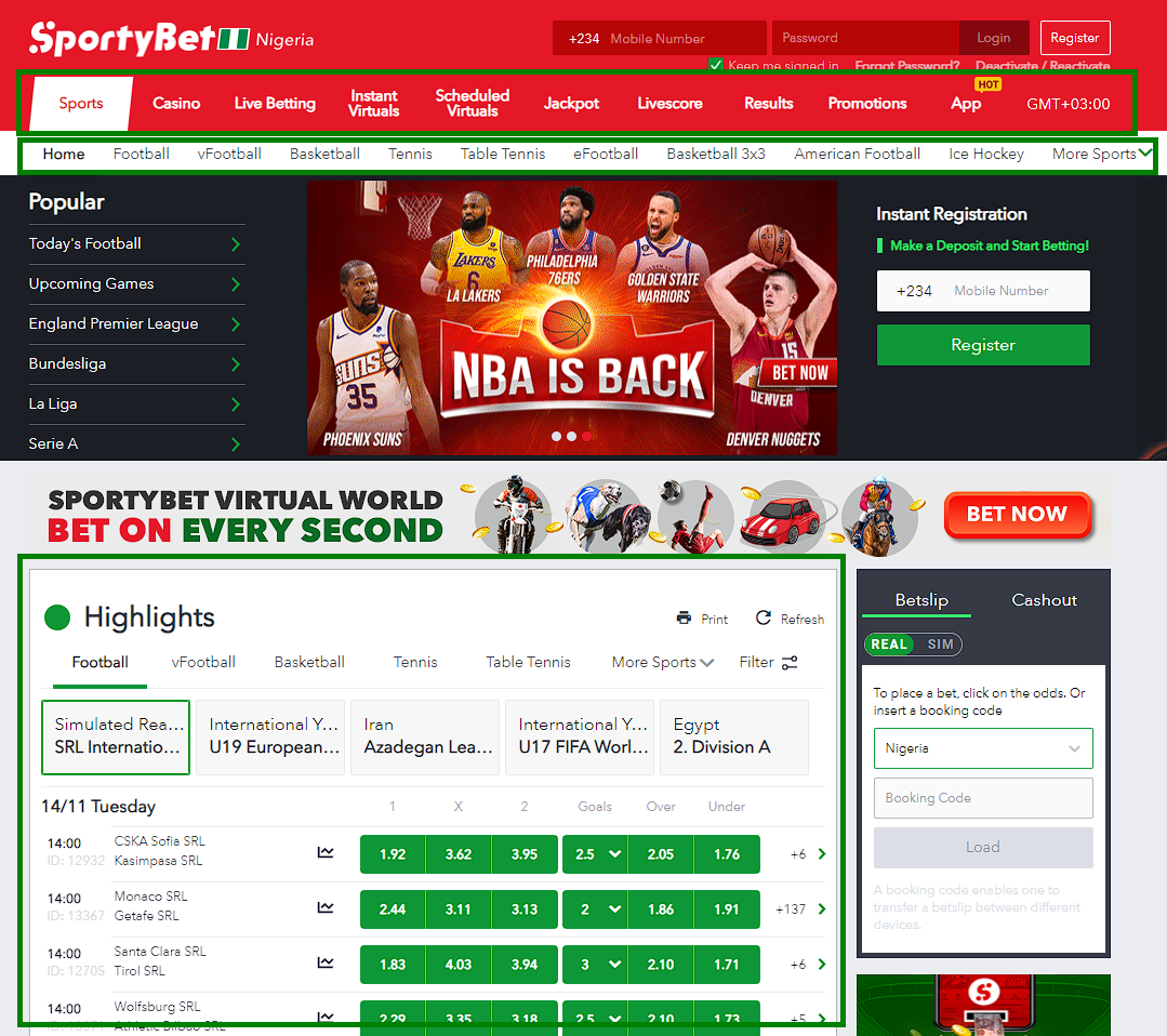 Navigation on the website of SportyBet