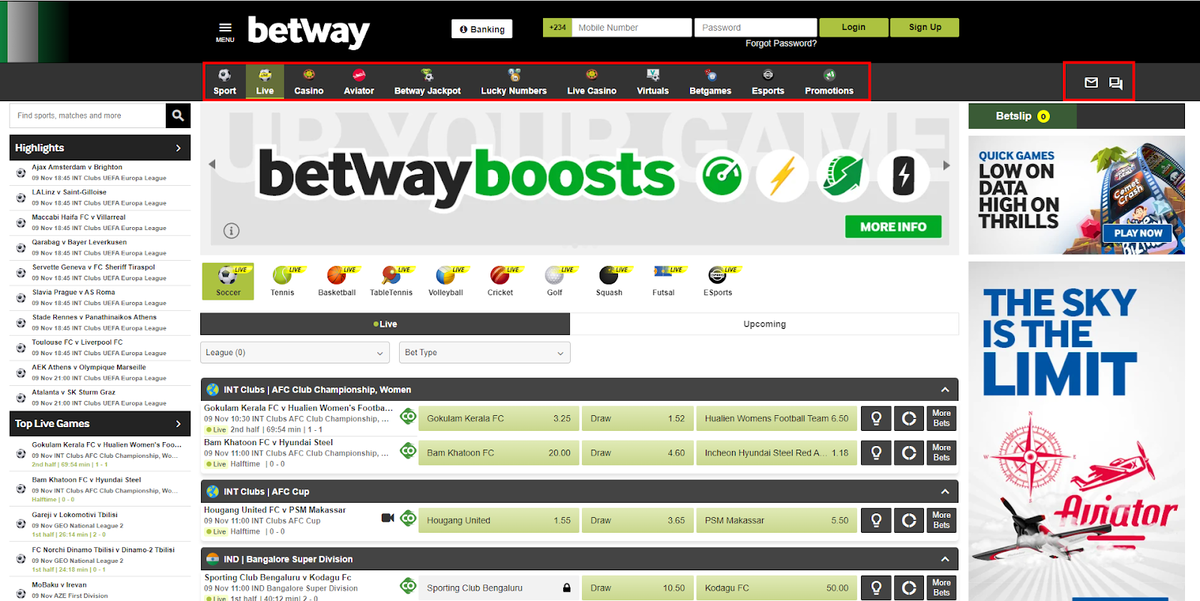 Betway top menu