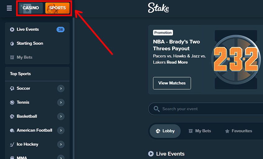 Stake bookmaker's website