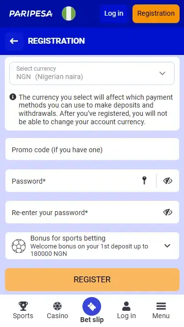 Paripesa Registration Process via Phone: Second Step