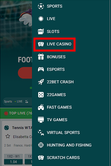 Live casino in the menu