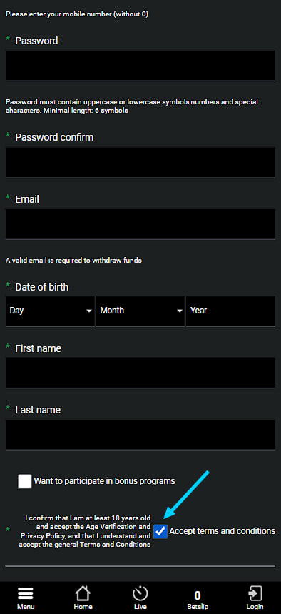 Betland registration form