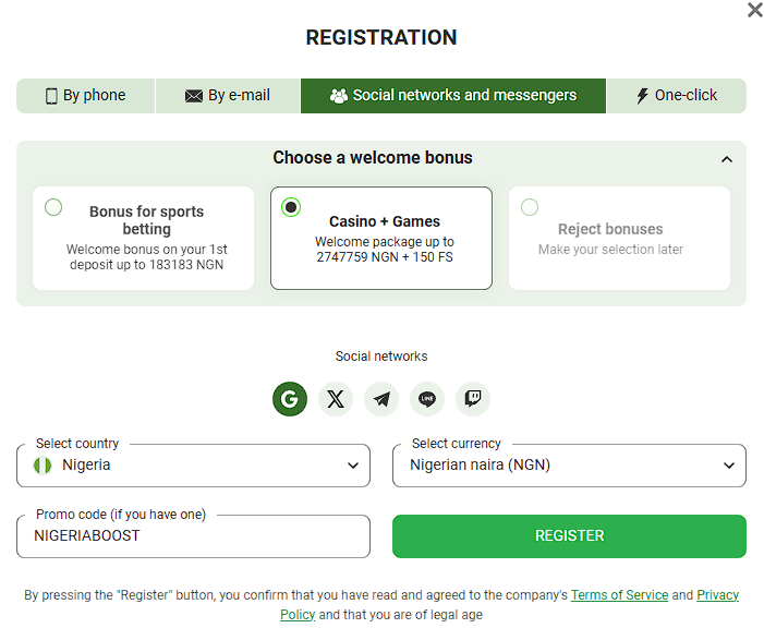 Register Linebet via social networks