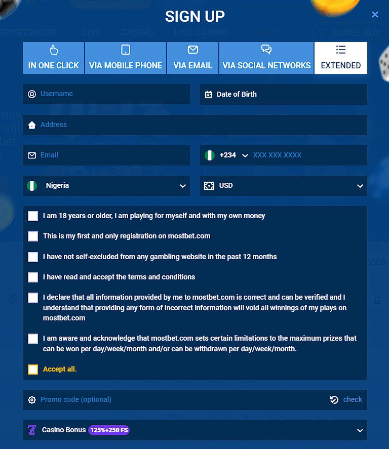 Extended registration Mostbet