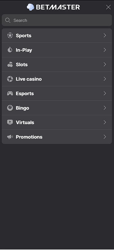 Betmaster mobile version menu