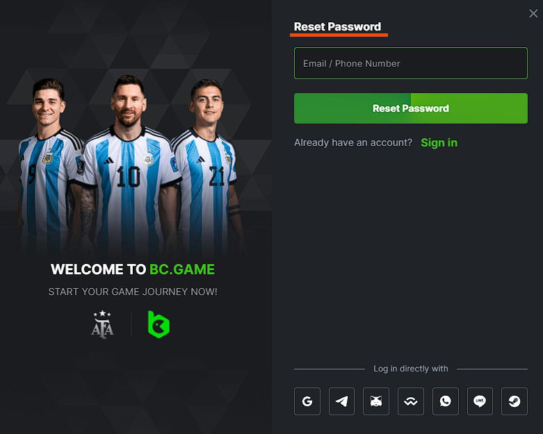 Reset password on BC.Game