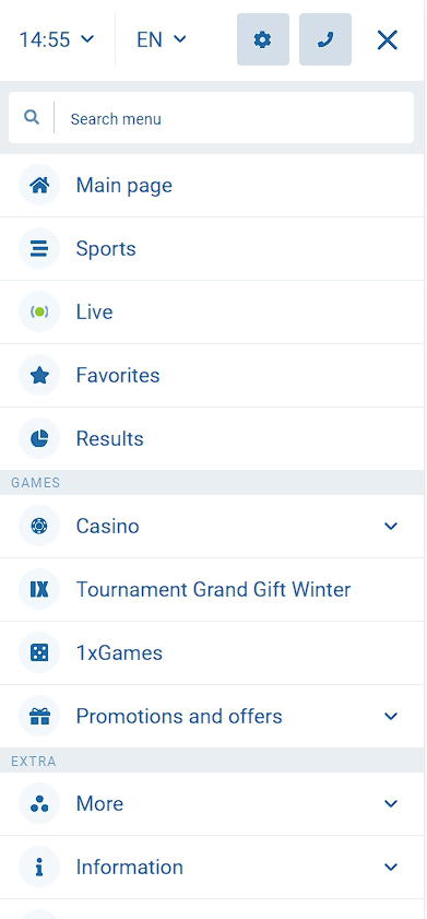 1xbet mobile version menu