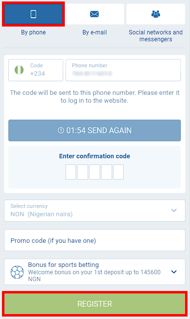 Form for registration in 1XBET by phone number