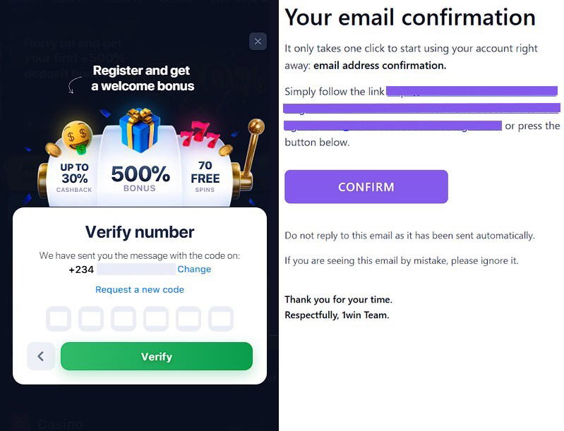 sign up on 1win