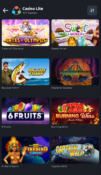 Casino Lite category games on Betano