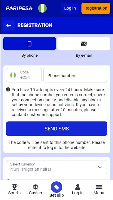 Paripesa Nigeria sign up form