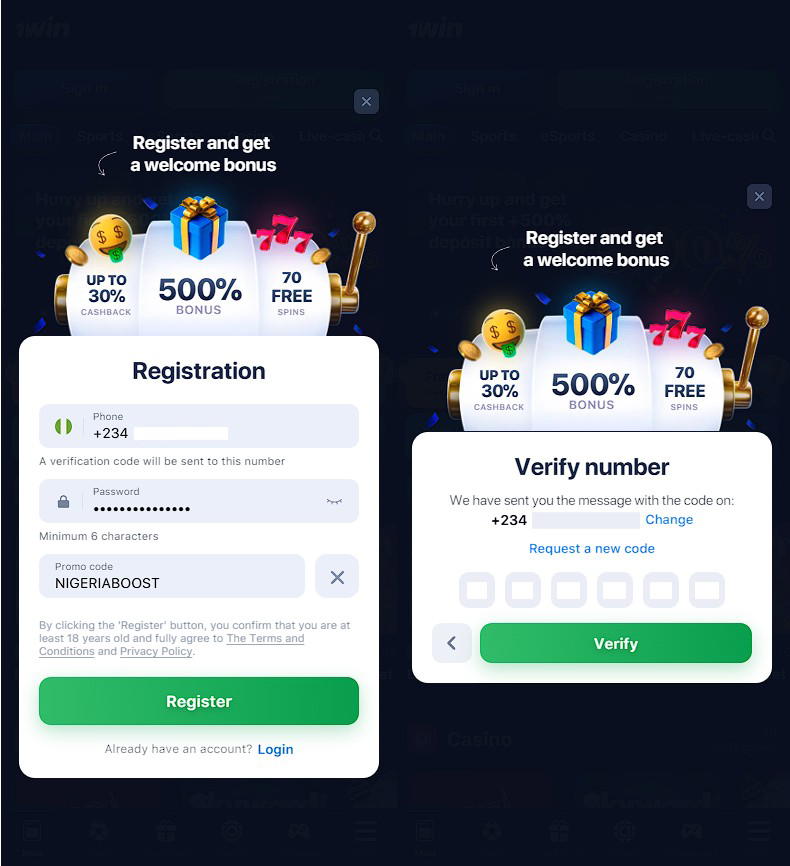 1win registration by phone number