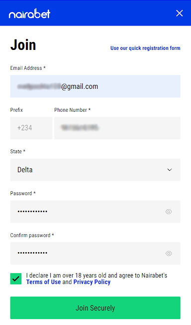 Full registration form on Nairabet
