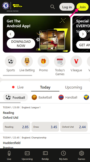 "Join" button on Parimatch