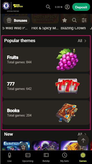 "Popular themes" block on Parimatch Casino