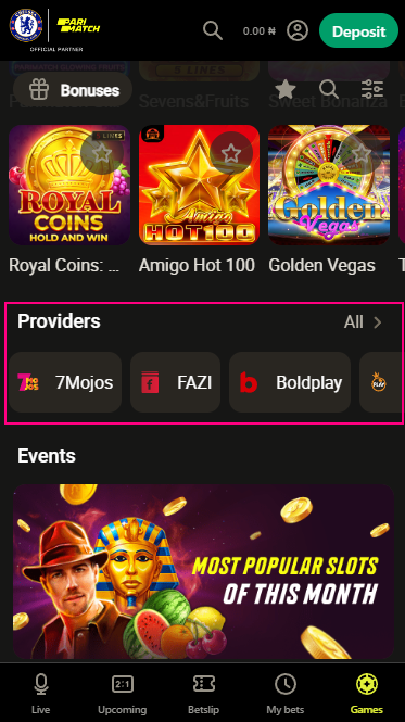 "Providers" block on Parimatch Casino