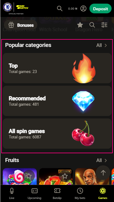 "Popular categories" block on Parimatch Casino