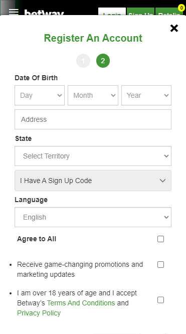 The second step in registering with Betway